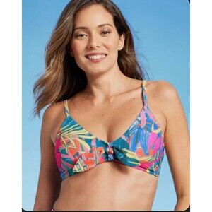 Kona Sol Abstract Tropical Print Tie Front Bikini Top Blue Small